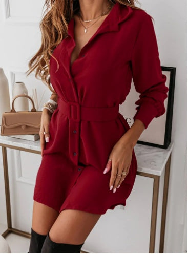 Revers Langarmkleid mit Gürtel Modisch Elegante Hemdblusenkleider für Damen