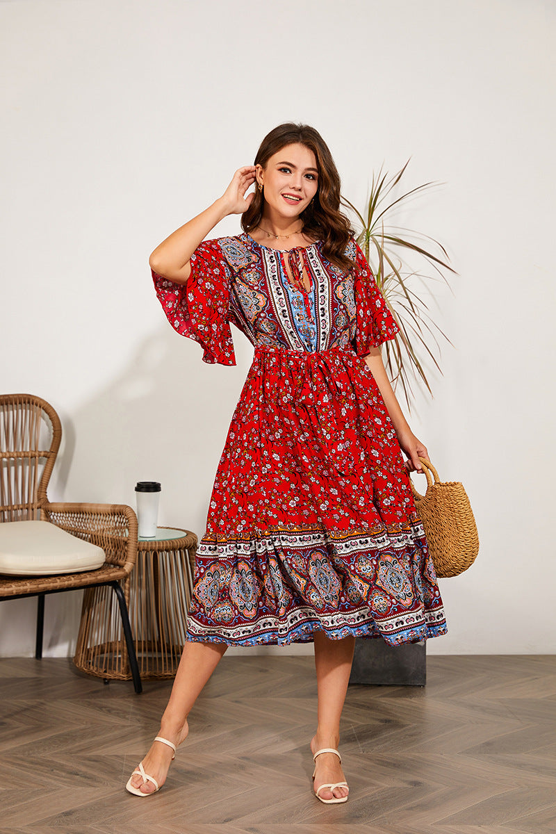 Damen Sommer V-Ausschnitt Strandkleid mit Print für große Größen