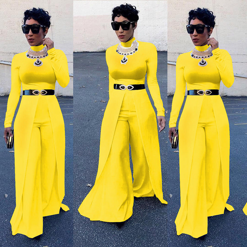 Mode Overall Hosen Langarm Eng Anliegender Weites Bein Jumpsuit