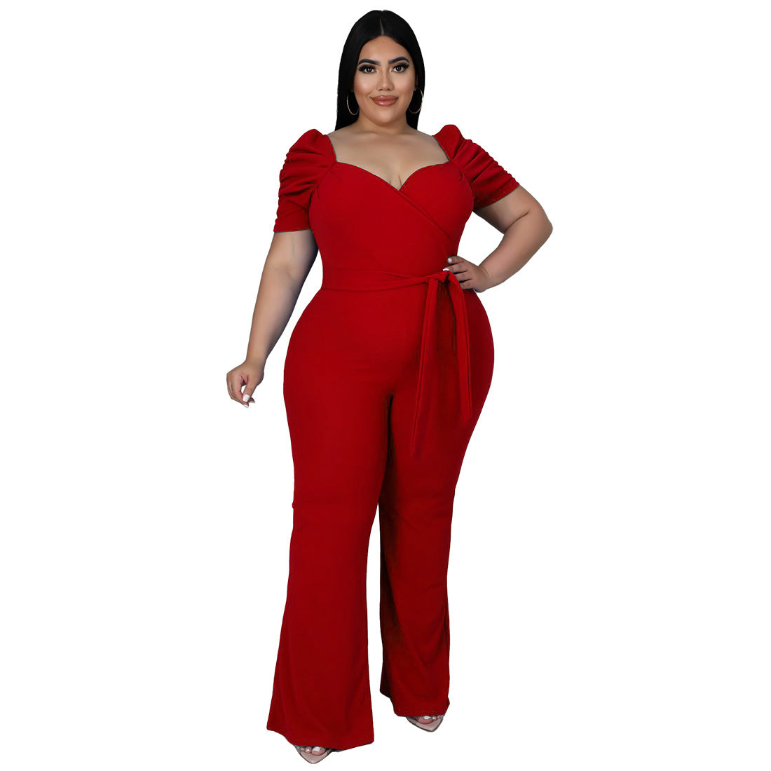 Damen Jumpsuit Große Größen, Stehkragen, Rüschenärmel, hoher Bund, weites Bein