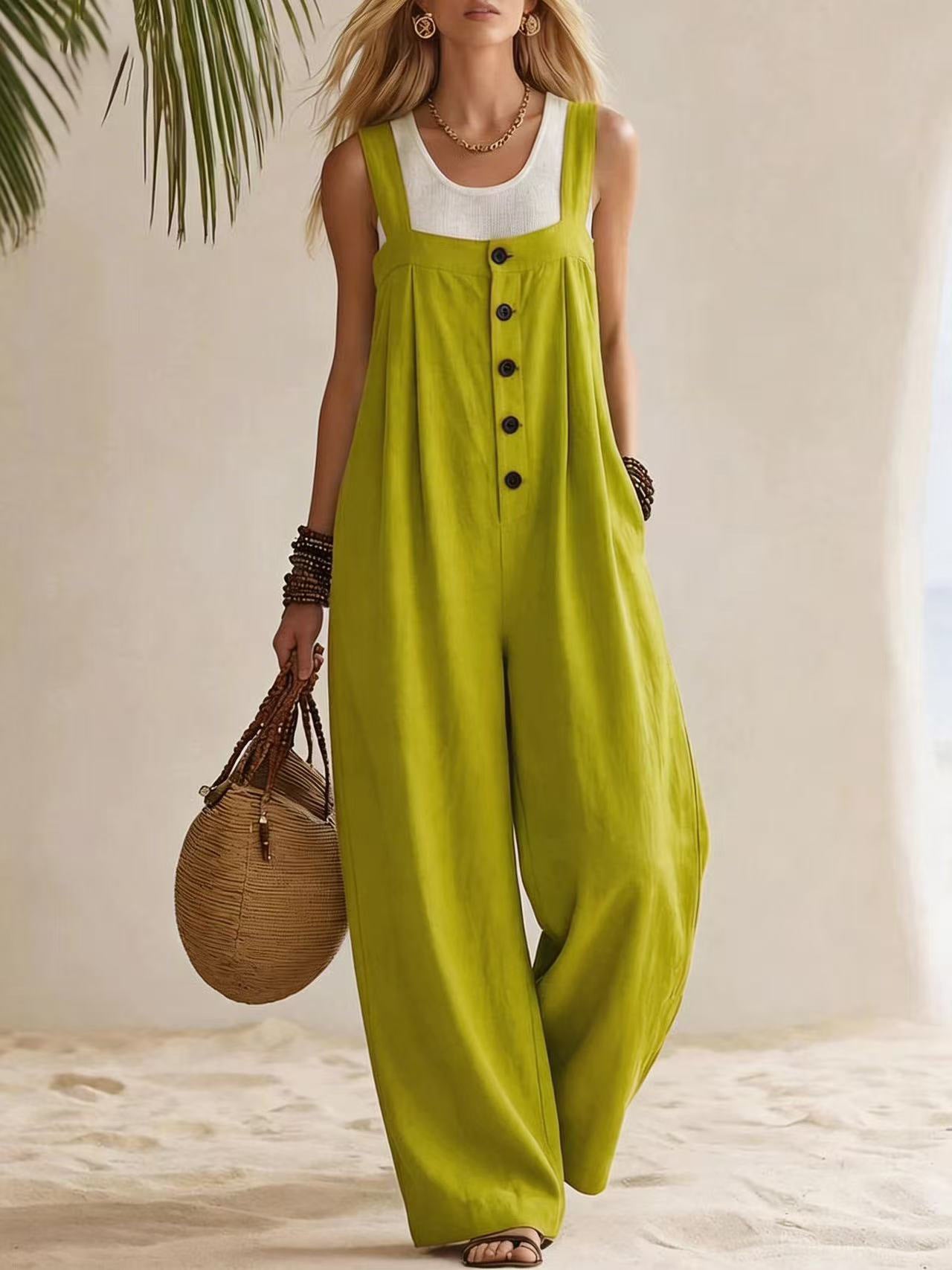 Damen Casual Mode Böhmischer Stil Träger Jumpsuit mit Knöpfen