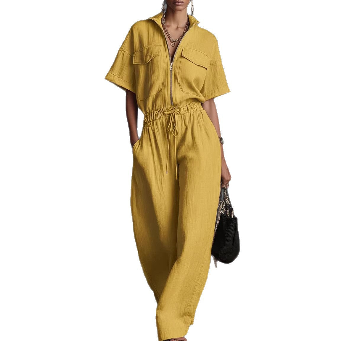 Ärmelloser Freizeit-Jumpsuit aus Baumwolle und Leinen mit Stehkragen und lockerer Passform