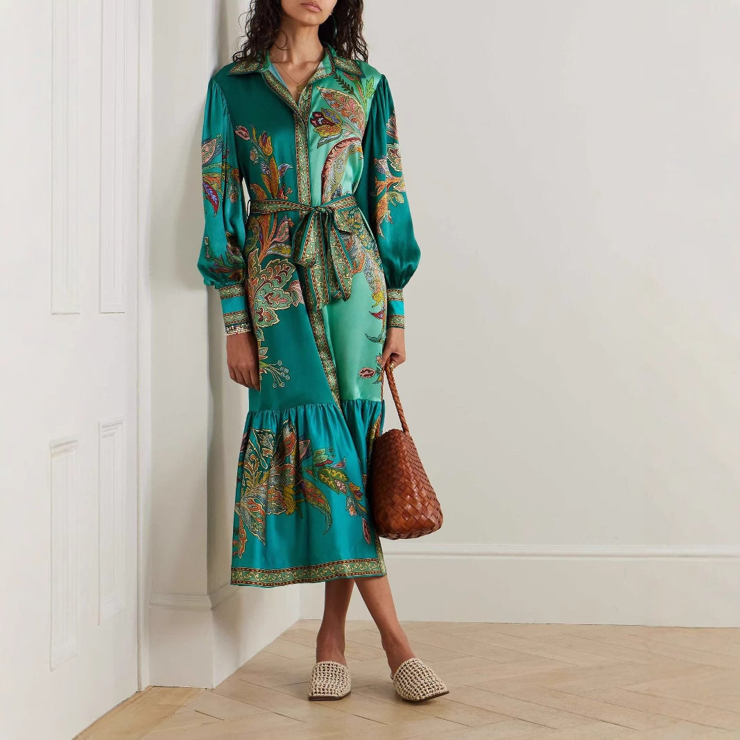 Vacation Lapel Collar Single-Breasted Puff-Sleeve Long-Sleeve Retro Printed Dress