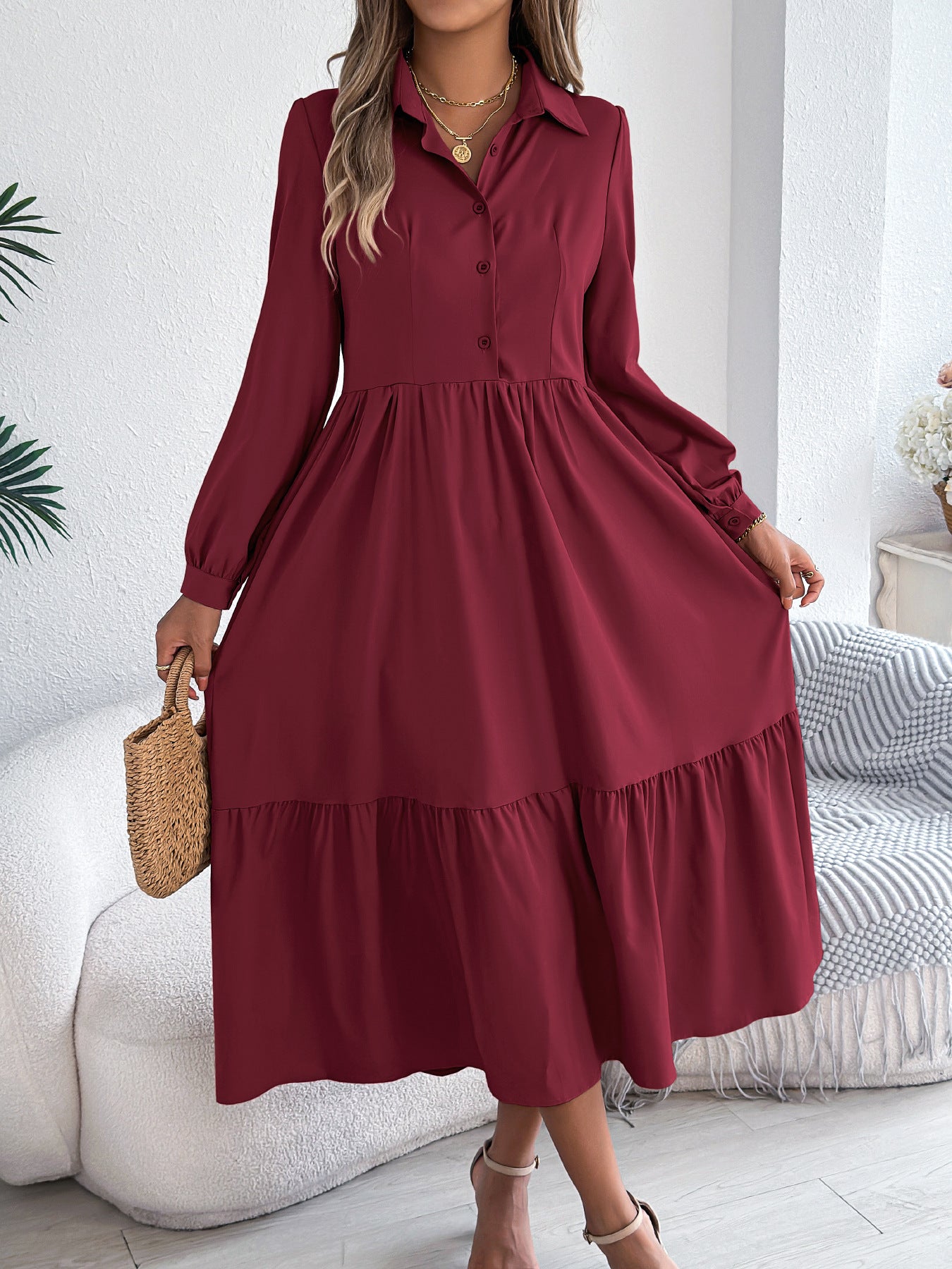Damen Revers Casual Loose Langarm Rüschen Hemdblusenkleid Langarm Umlegekragen Einreiher Kleid Frühling Herbst Mode Damenbekleidung für den Urlaub