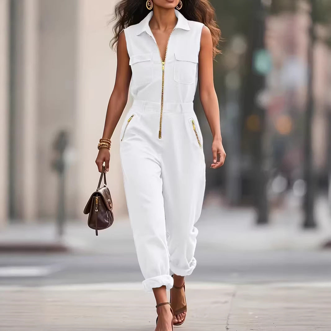 Neuer eleganter einfarbiger Jumpsuit mit Reißverschluss für Frühling/Sommer