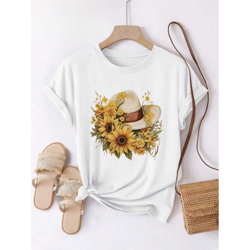 Damen-T-Shirt mit Rundhalsausschnitt in lockerer Passform und Sonnenblumen-Strohhut-Design aus reiner Baumwolle