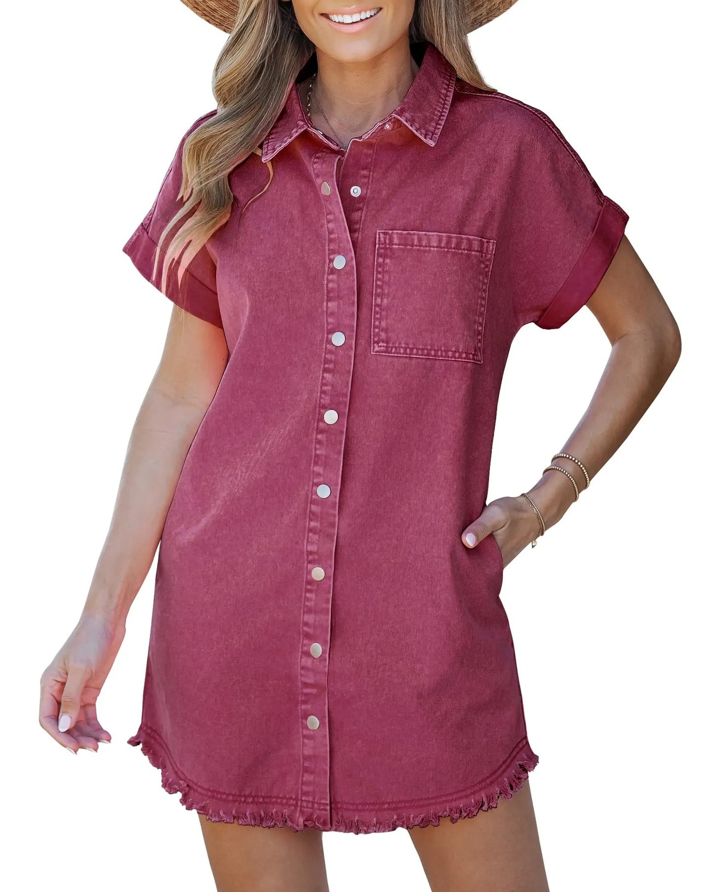 Women's Short-Sleeve Denim Shirt Dress, Casual Mini