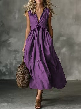 Solid-color Sleeveless V-neck Dress