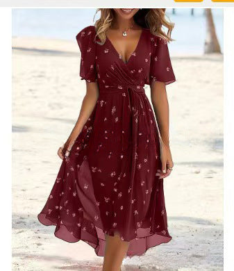 Blumen bedrucktes V-Ausschnitt Kleid Sommer A-Linie Kurzarmkleider für Damen
