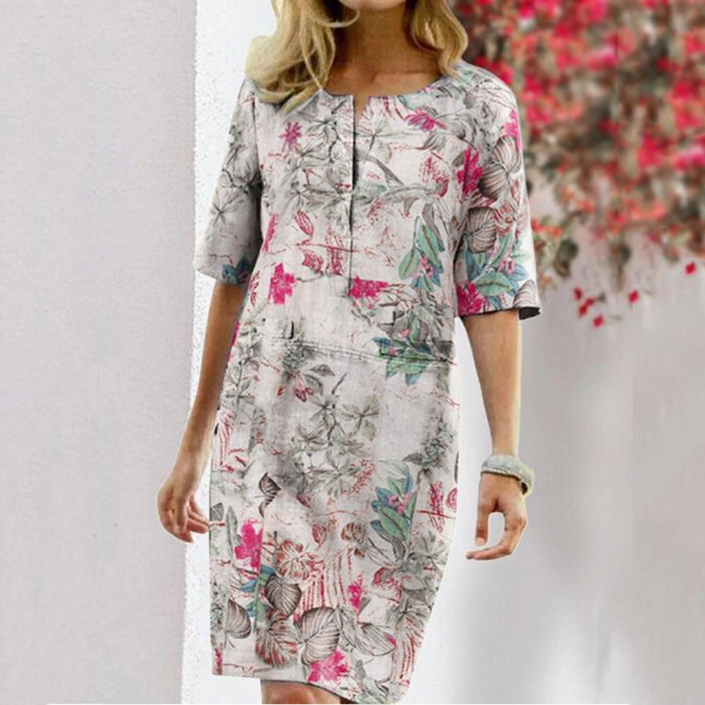 Vintage Kleid Damen Sommer Blumen Blätter Print Schlitz Rundhals Halbarm Kleider