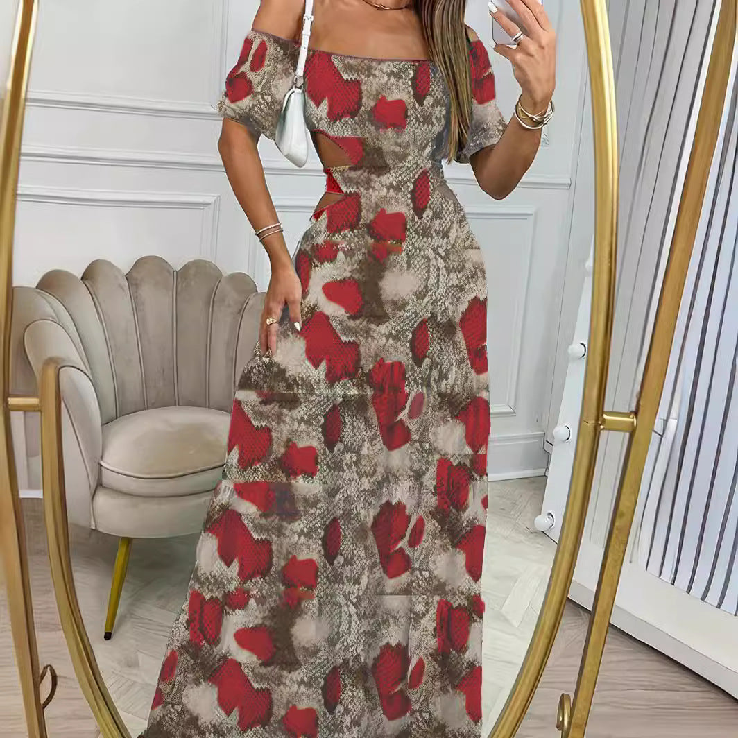 Bedrucktes, einreihiges Langarmkleid mit Hohlsaum, Sommerurlaubskleider für Damen
