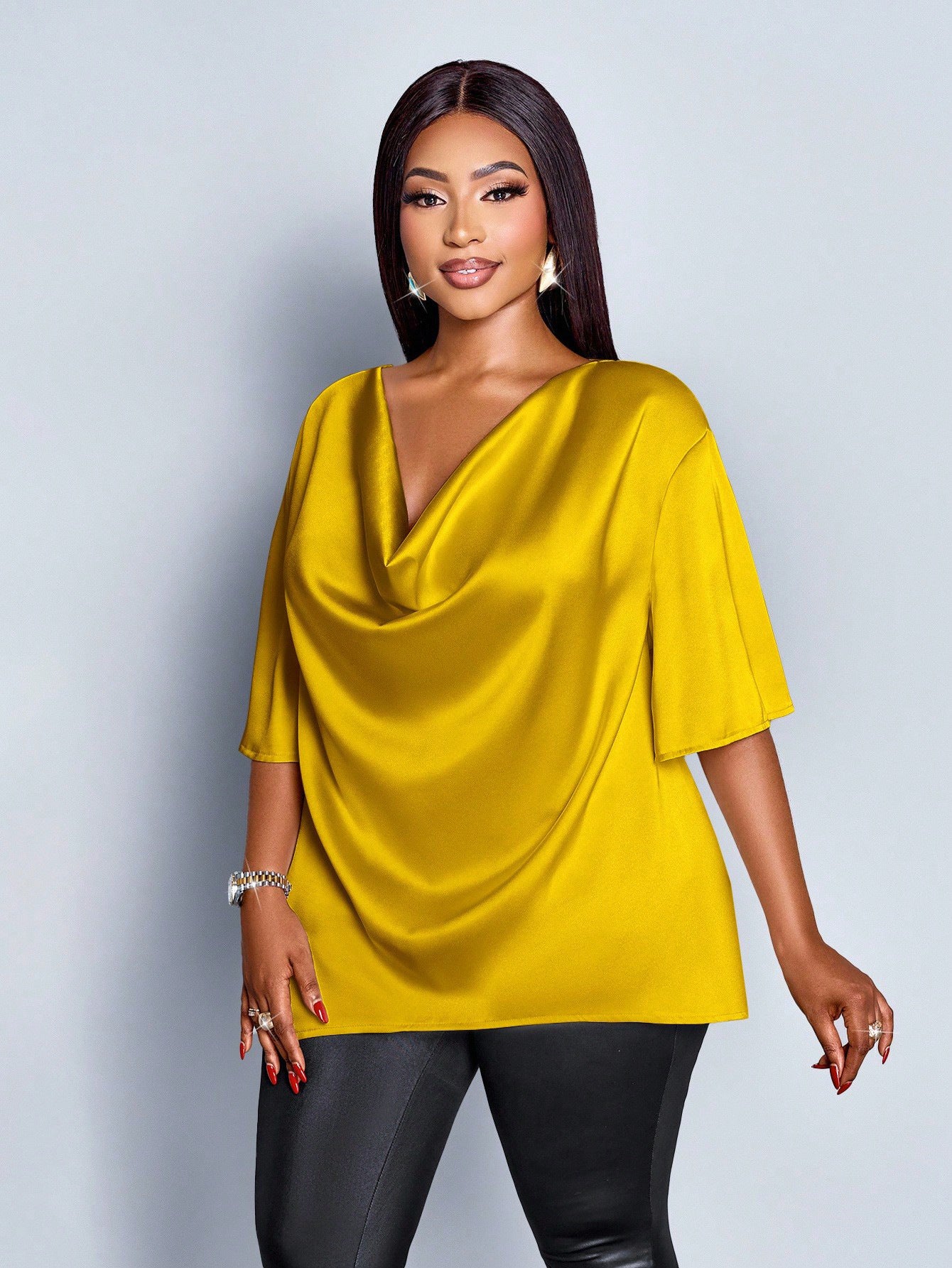 New Relaxed-fit Casual V-neck Mid-sleeve Long-sleeve Solid-color Chiffon Top