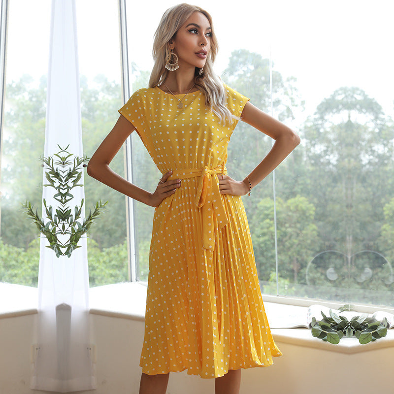 Sommer Damen Polka Dot Kurzarmkleid Freizeit Bandage Party Faltenrock Midi Kleider Elegant Grün Office Lady Kleidung