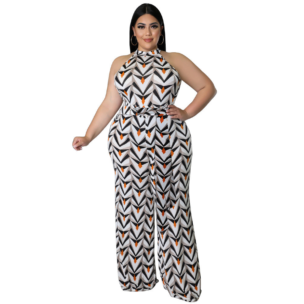 Damen Freizeit-Jumpsuit mit Neckholder, bedruckt, mit Gürtel, Übergröße