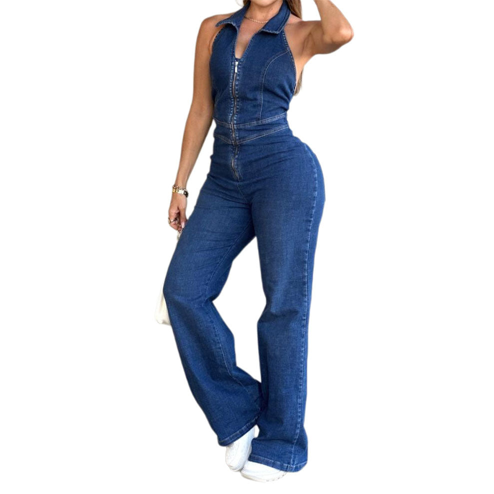 Sleeveless Fashionable Retro Backless Denim Jumpsuit For Women