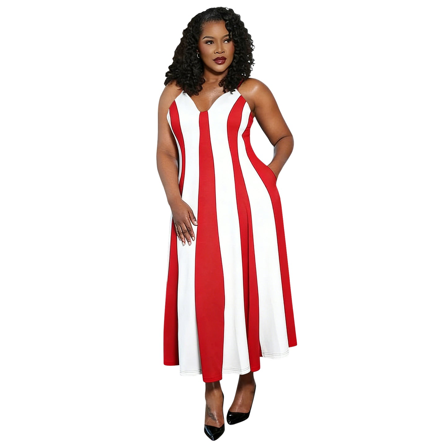Robe bretelles col V dos nu rayée patchwork pour femme
