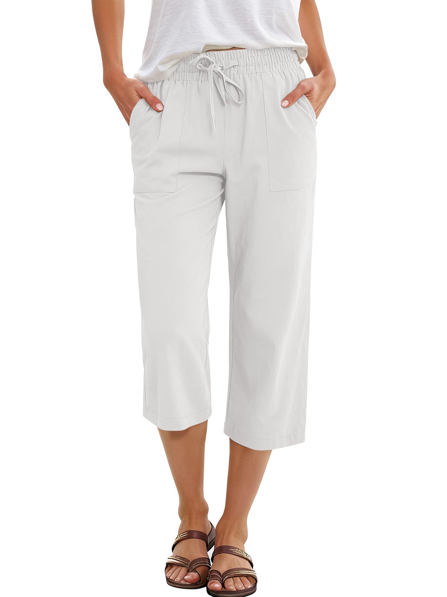 Solid-color Cotton-linen Relaxed-fit Drawstring Wide-leg Casual Pants