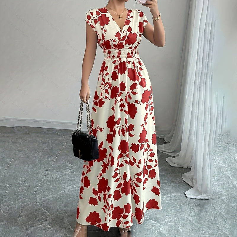 Damen Wickelkleid V-Ausschnitt Kurzarm Empire-Taille Elastische Taille Sommer Lässige Elegante Maxi Lange Kleider