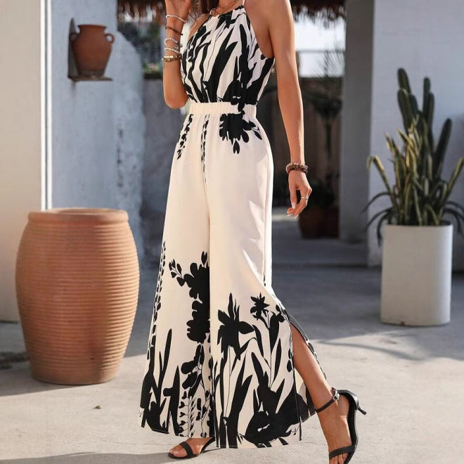 Damen-Overall mit Spaghettiträgern, Blumendruck und weitem Bein