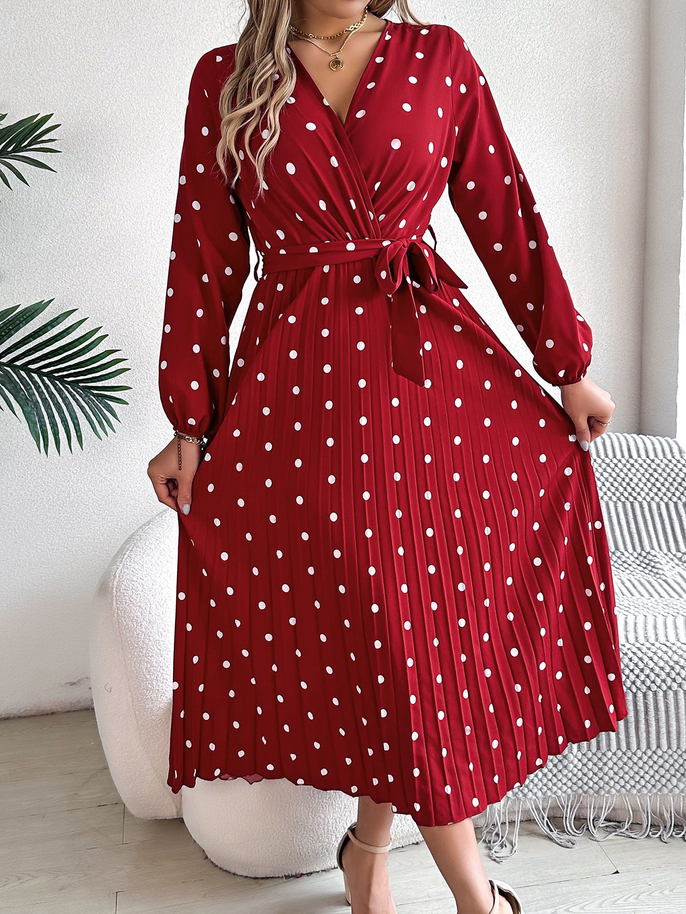 Frühling Sommer Elegantes langes Kleid Kreuz-V-Ausschnitt Kontrastpunktmuster Langarm Plissierte Brautjungfernkleider