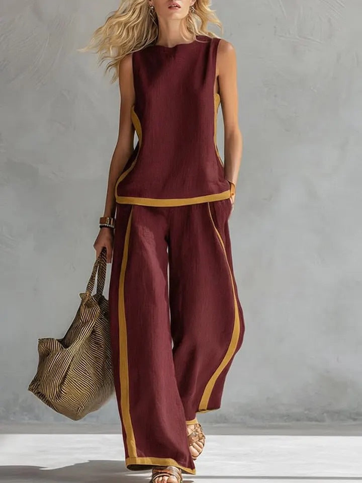 Rundhals Ärmelloses Lässiges Lockeres Oberteil Und Weite High-Waist Hose Mit Weitem Bein Set