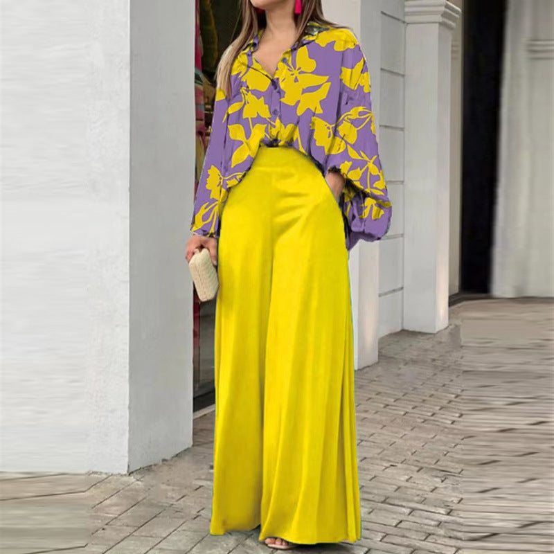 Lockeres und elegantes bedrucktes Hemd-Oberteil mit weitem Bein Fashion-Anzug