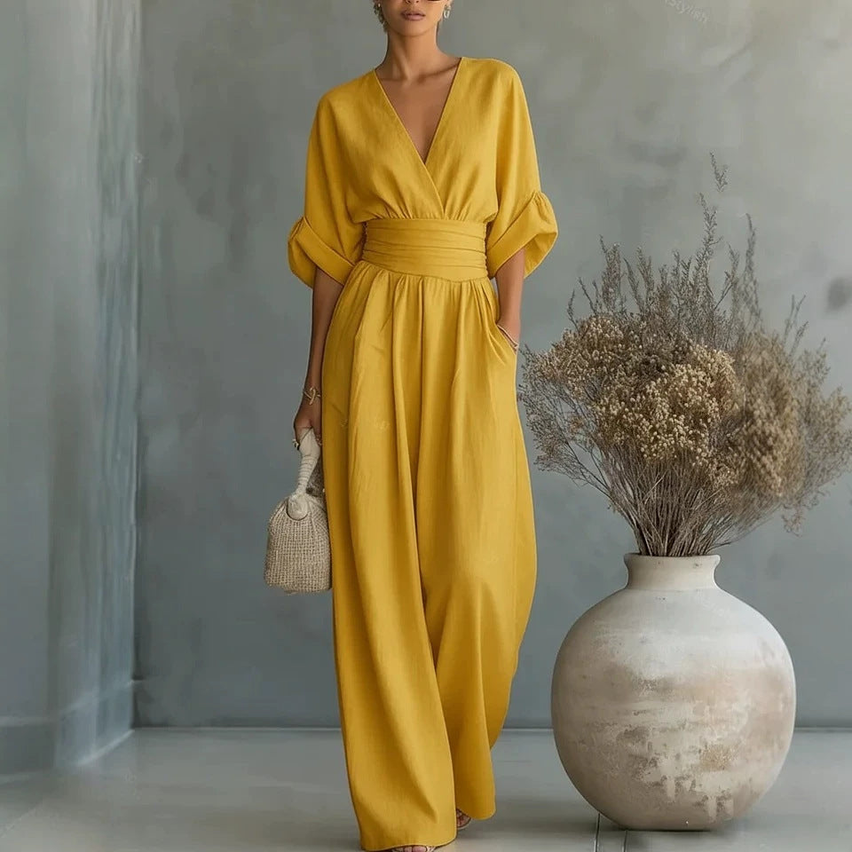 Sommer Kurzarm Jumpsuit Mode Lässig V-Ausschnitt Weite Hose Damenbekleidung