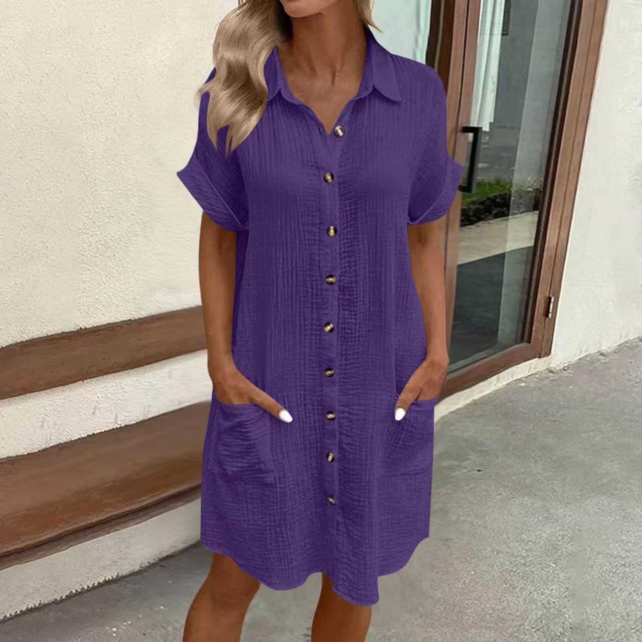 Casual Solid-Color Mid-Length Short-Sleeve Dress