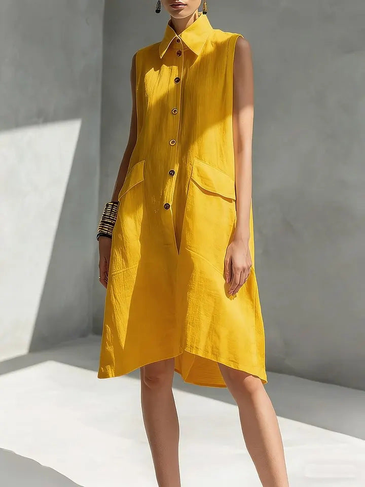 Damen-Ärmelloses Casual-Kleid aus Baumwoll-Leinen mit Reverskragen