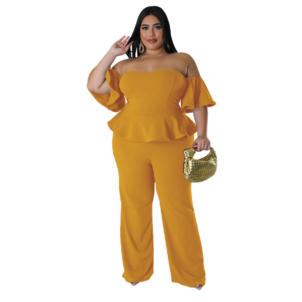 Sexy schulterfreier, kurzärmliger Jumpsuit mit weitem Bein und Stretch-Anteil