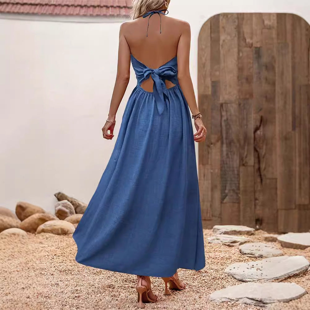 Robe fendue à col en V et à fines bretelles pour femmes