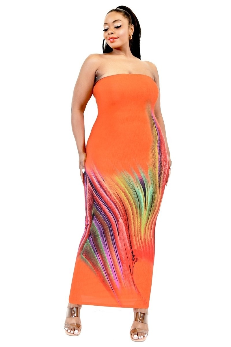EVAVON Womens Plus Size Sleeveless Orange/Multi Color Gradient Tube Top Maxi Dress