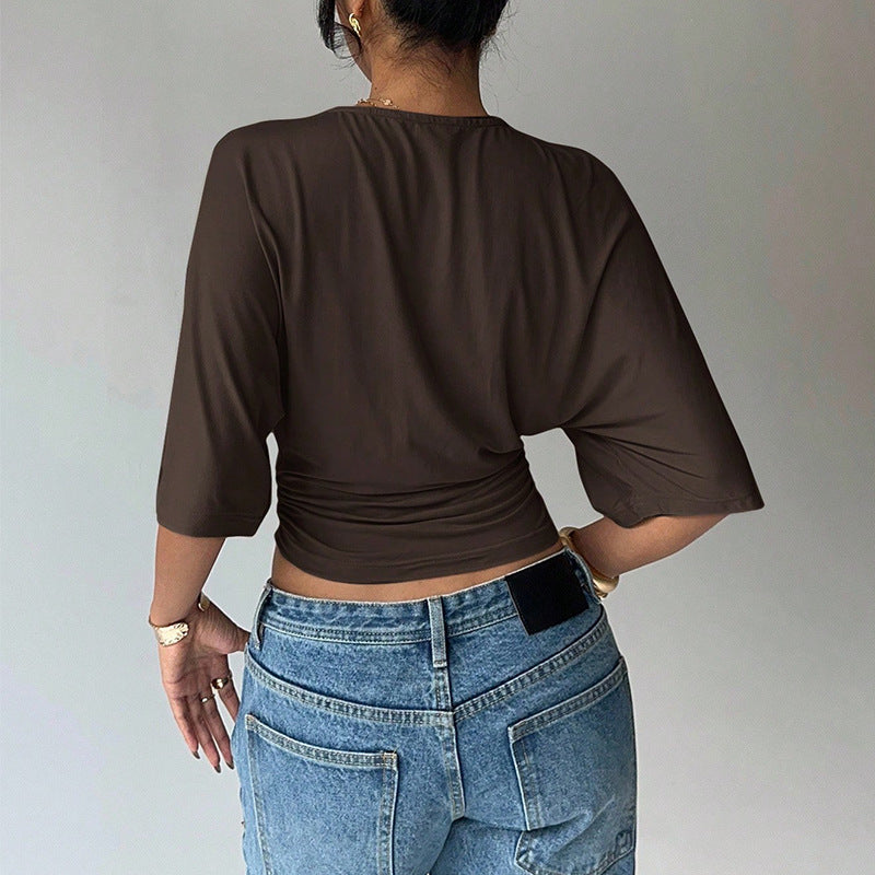 Einfarbiges bauchfreies Damen-T-Shirt mit halbem Arm, kurz geschnittenes Oberteil