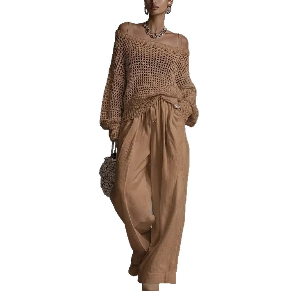 Womens Comfortable Hollow-Out Knitted Top And Linen Pants Two-Piece Set