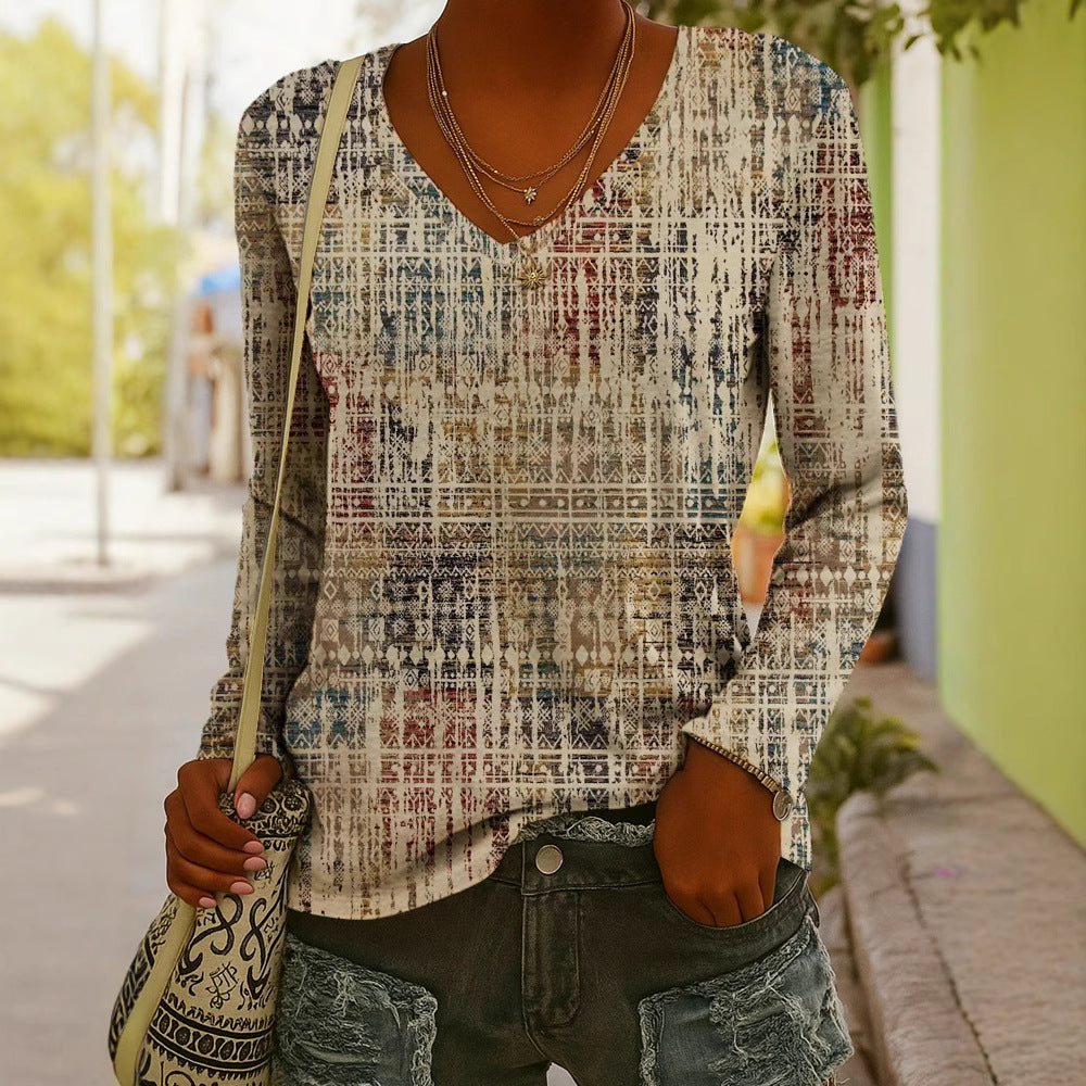 T-shirt à manches longues imprimé col en V style ethnique tendance