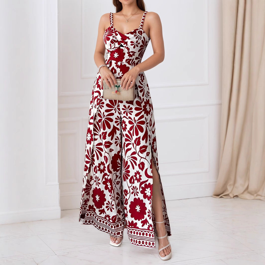Combinaison-pantalon élégante pour femme avec bretelles et imprimé floral, style portefeuille