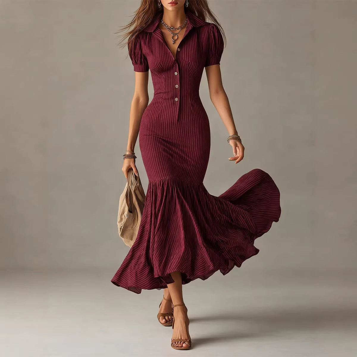 Elegant Casual Short-Sleeve Striped Mermaid Hem Dress, New Arrival