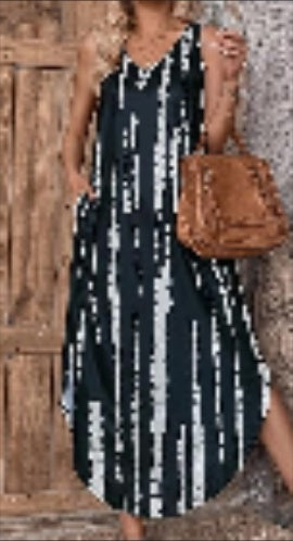 Robe longue femme sans manches à col en V asymétrique fendue avec poche, motif tie-dye