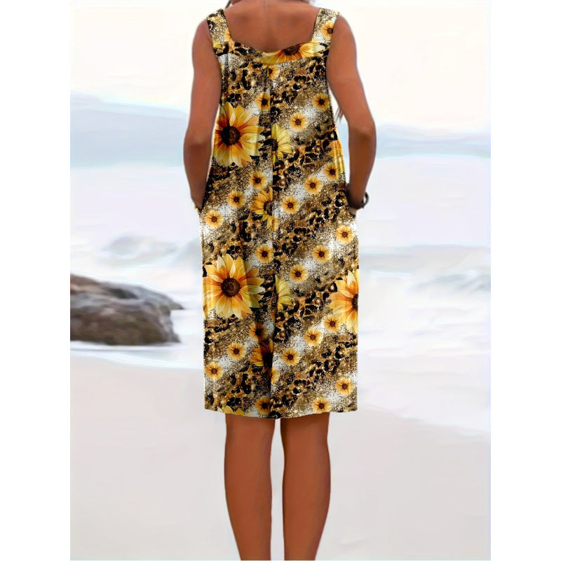 European And American-style Sleeveless Jumpsuit With A Sunflower Print