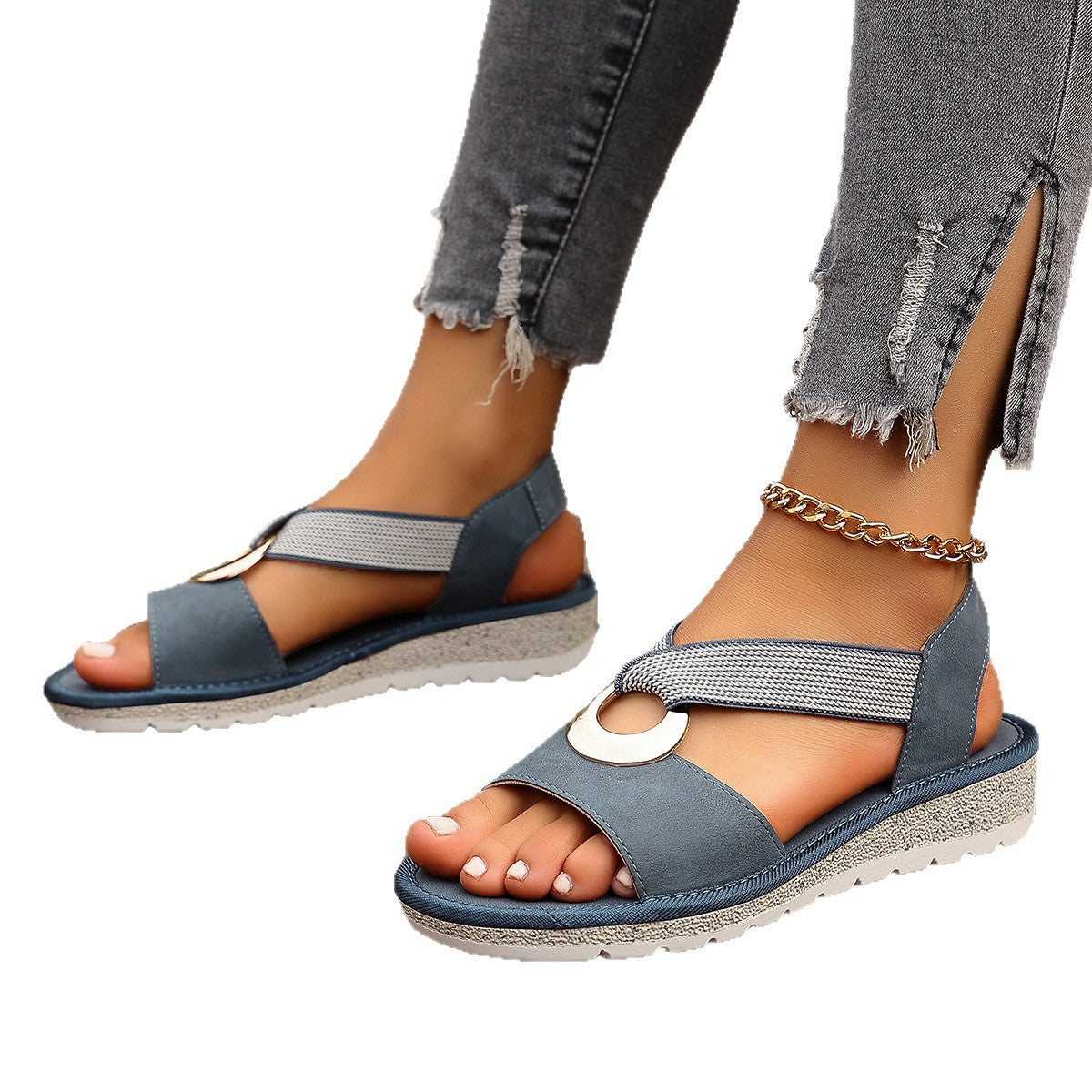Plus-size Fish-mouth Wedge Sandals With A Jute Sole And Elastic Strap