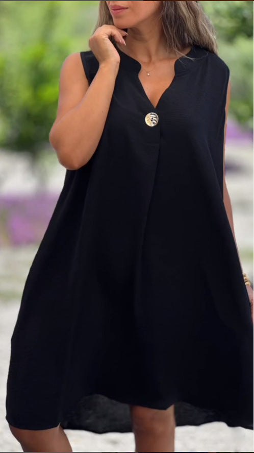 Robe unie sans manches à col en V avec détails boutonnés pour femme