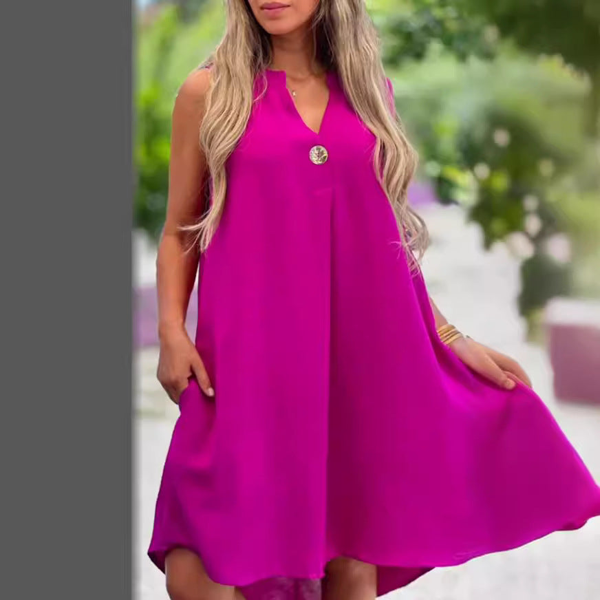 Robe unie sans manches à col en V avec détails boutonnés pour femme
