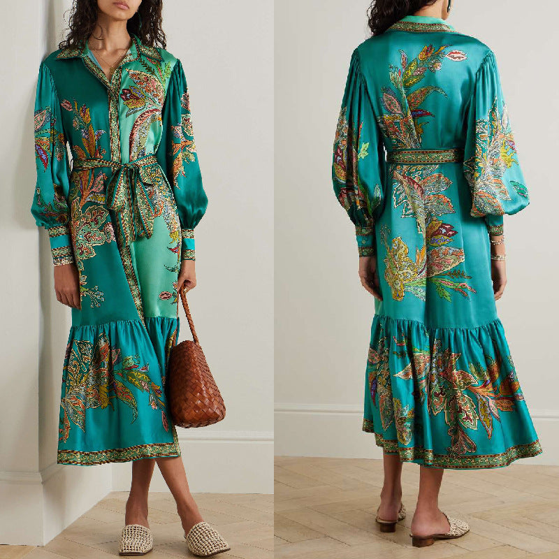 Vacation Lapel Collar Single-Breasted Puff-Sleeve Long-Sleeve Retro Printed Dress