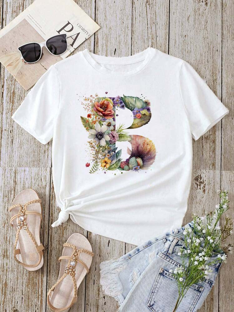Stylish Womens T-shirt Featuring A Floral Letter Font With The First Letter Of Your Name Short-sleeve Top In White
