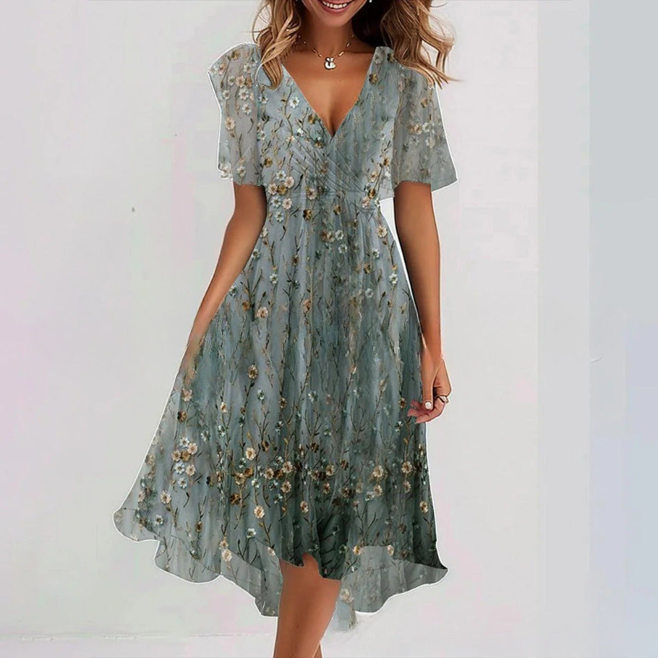 Robe d'été évasée à fleurs imprimées et col en V, à manches courtes pour femme