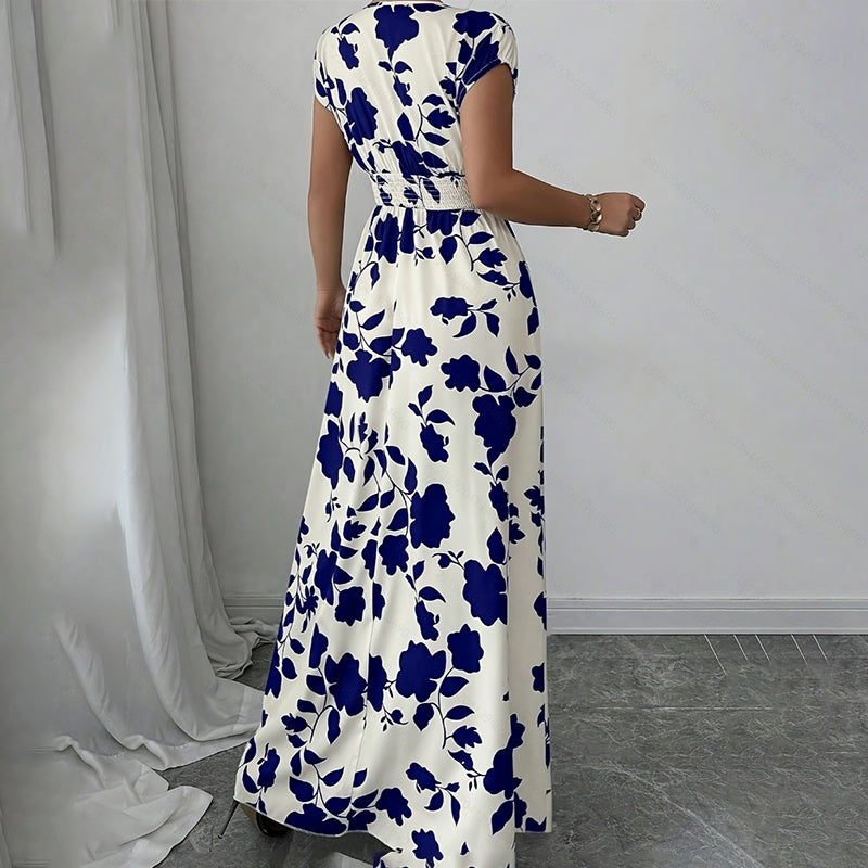 Damen Wickelkleid V-Ausschnitt Kurzarm Empire-Taille Elastische Taille Sommer Lässige Elegante Maxi Lange Kleider