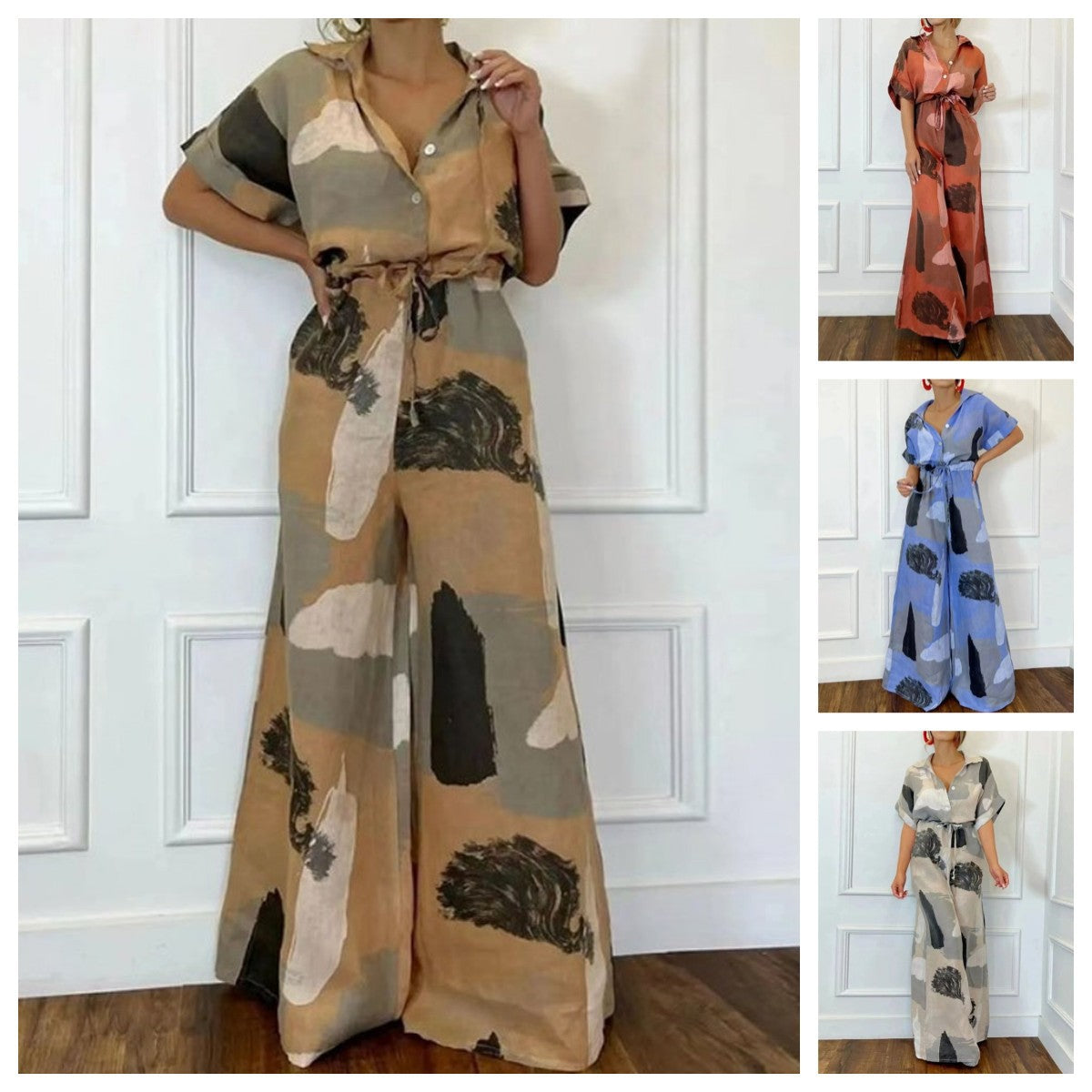 Damen Casual Loose Kurzarm Revers Print Schnürung Jumpsuit