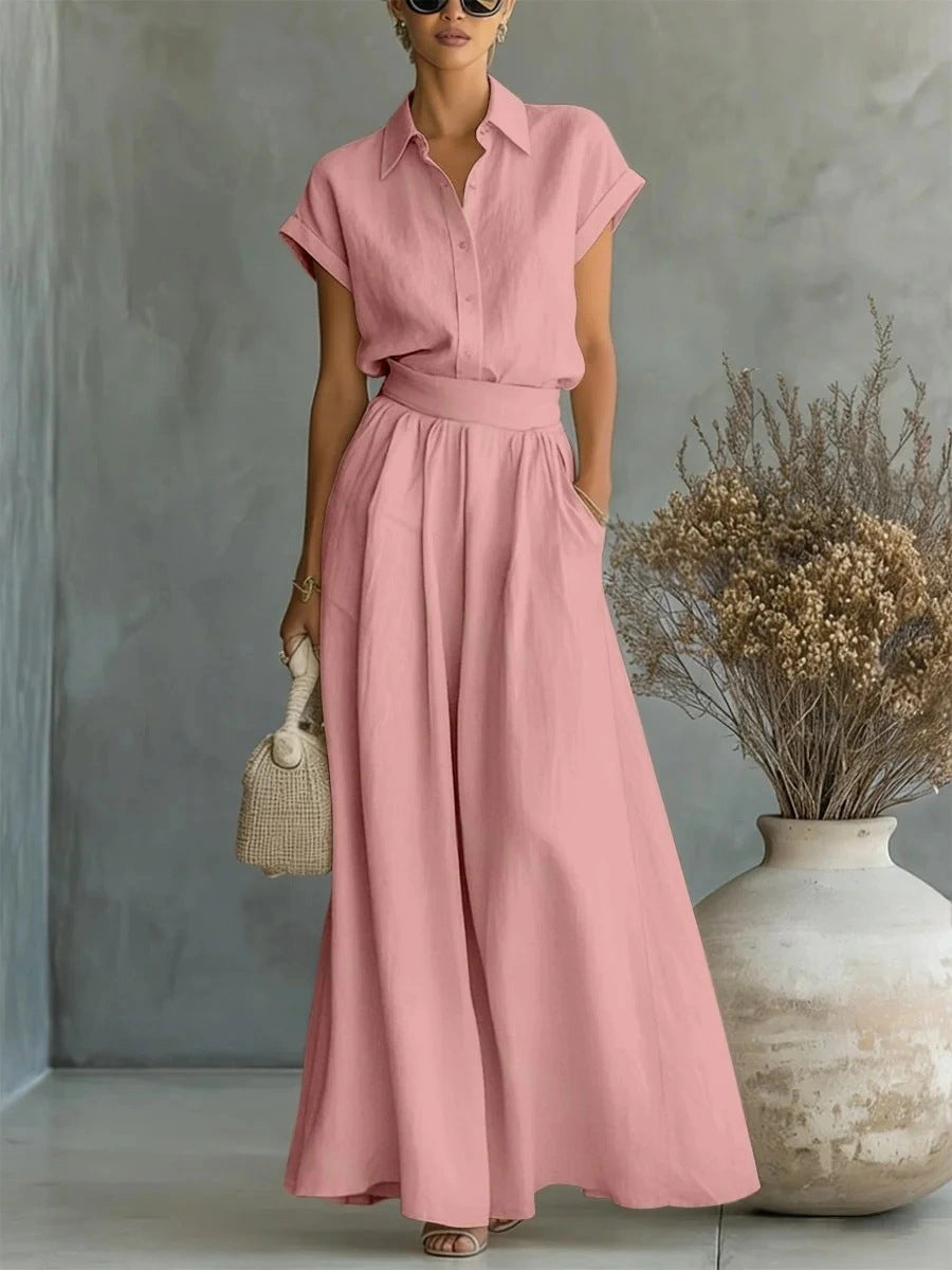 Fashionable Casual Solid-Colored Shirt And Wide-Leg Pants Two-Piece Set