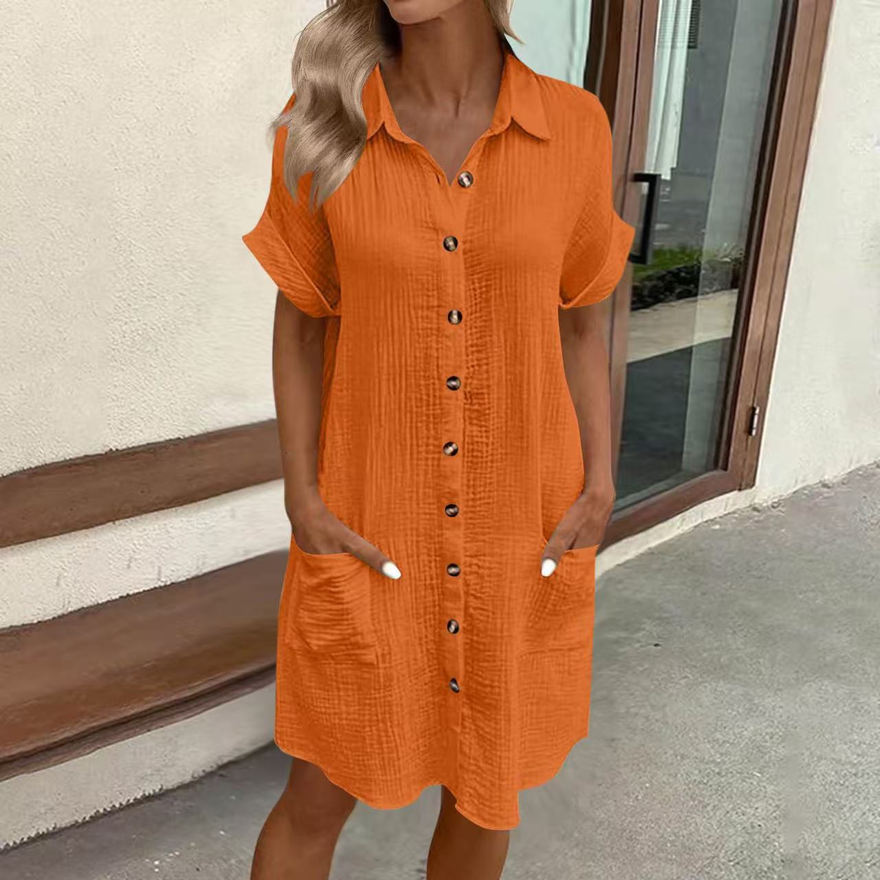 Casual Solid-Color Mid-Length Short-Sleeve Dress