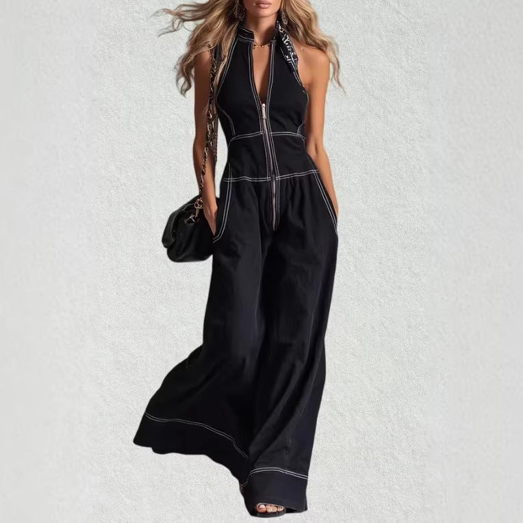 Europäischer und amerikanischer Sommerstil, elegant, ärmellos, mit Reißverschluss vorne, weites Bein, Jumpsuit